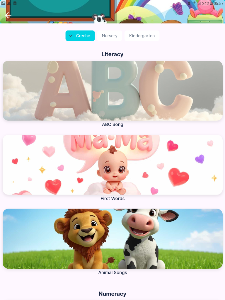 Eduvora early childhood literacy and numeracy module showing songs, phonics, and foundational words